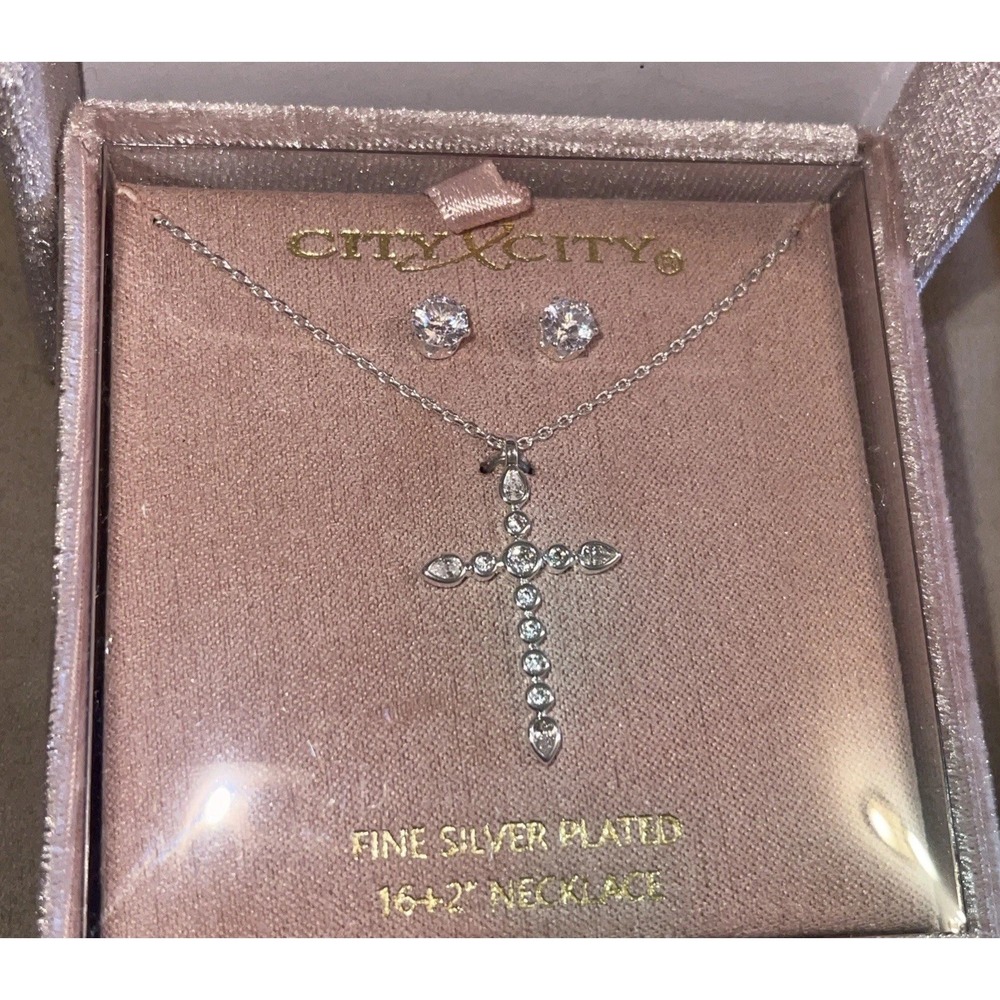 IOB Silver plated Cross Necklace and Earring Set First Communion Easter